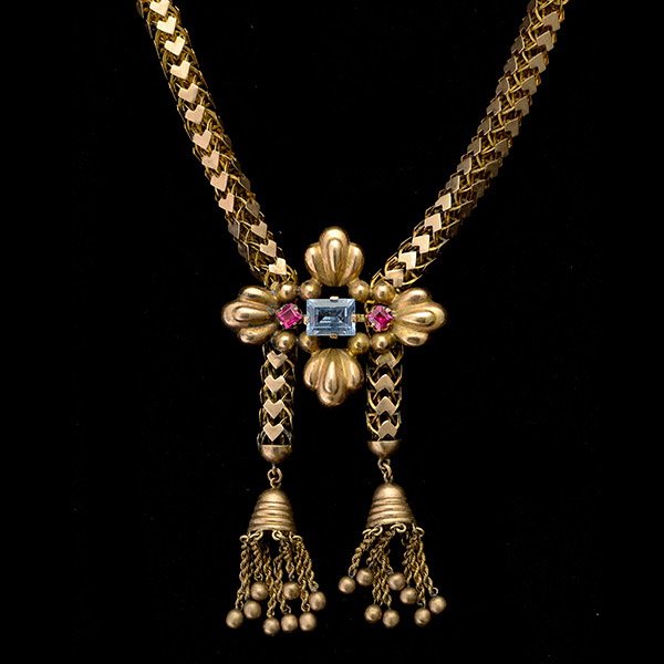 Synthetic Spinel, 14k Yellow Gold Necklace.: Synthetic Spinel, 14k Yellow Gold Necklace. Featuring three rectangular-cut synthetic spinels, set in an articulated hollow tube link, 18 inch tassel link necklace. {Gross Weight: 28.5 dwts}