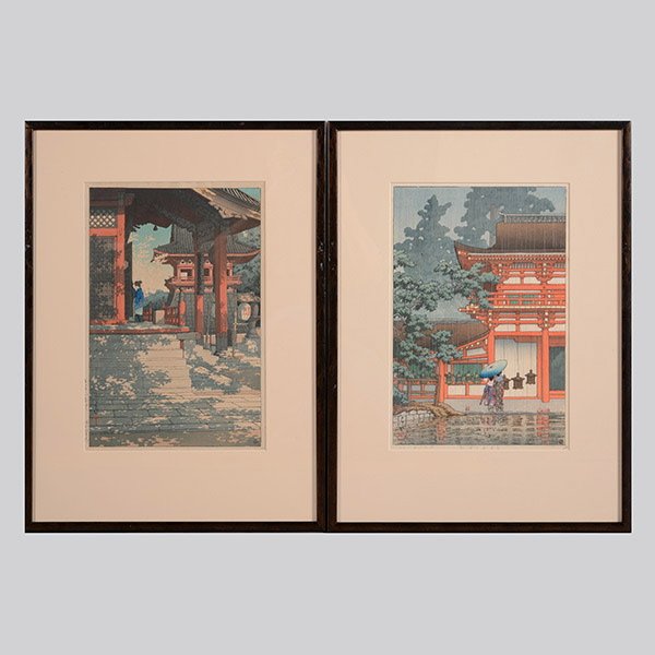 Kawase Hasui (1883-1957): Two Woodcuts: Kawase Hasui (1883-1957): Two Woodcuts, a) Kasuga Shrine at Nara, oban, dated 1933, titled, Watanabe publisher's mark, signed with a seal to the lower left, framed and glazed; b) Meguro Fudo Temple, o