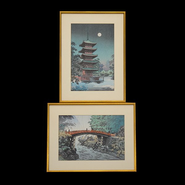 Tsuchiya Koitsu (1870-1949): Two Woodcuts: Tsuchiya Koitsu (1870-1949): Two Woodcuts, a) Nara Horyuji Temple, oban, a seal to the lower left with publisher's mark in the lower right corner, dated 1938; b) Nikko Sacred Bridge, oban, a seal to t