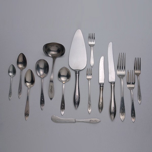 Shreve Buckingham Sterling Flatware Service: Shreve Buckingham Sterling Flatware Service with Applied P Monogram: Comprising twelve dinner forks {length 8 inches}; twelve salad forks {length 6 1/8 inches}; twelve dinner knives {length 9 3/4 inch