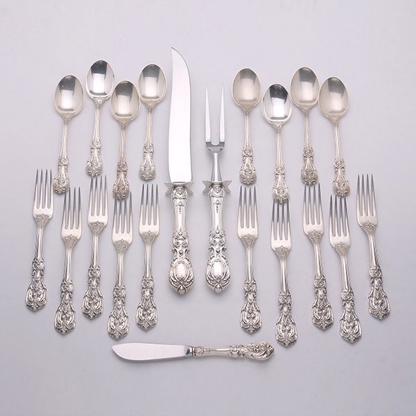Reed & Barton Francis I Pattern Flatware Set: Partial Reed & Barton Sterling Flatware Set in the Francis I Pattern: Comprising ten dinner forks {length 7 1/4 inches}; eight place spoons {length 6 1/4 inches}; two piece carving set; and a butter s
