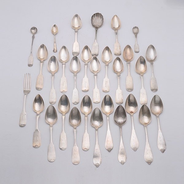 Collection of Coin Silver Spoons and Flatware:: Collection of Coin Silver Spoons and Flatware: Comprising eleven teaspoons inscribed "Greene", by two makers O.H. Norton and A. Leach; seven inscribed "KLG", O.H. Norton; and si x inscribed "KLG" {len