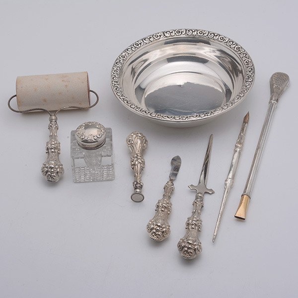 Sterling Desk Set, Mate Straw & Bowl: Rococo Revival Five Piece Sterling Desk Set, and a Paul Vassar Sterling Calligraphy Pen, together with an Argentinean Mate Straw, unmarked {length 8 inches}, and a Wallace Sterling Bowl {diameter 5 1/