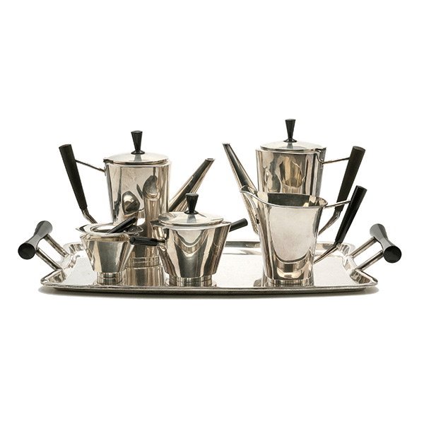 Spanish 915 Standard Silver Tea Service.: Spanish 915 Standard Silver Mid Century Tea Service. Including coffee pot {height 8 1/2 inches, 21.5 cm}; teapot {height 7 3/4 inches, 19.6 cm}; creamer; sugar; strainer with rest (break); and two han