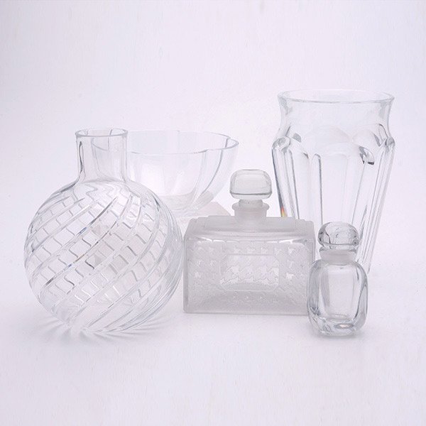 Three Baccarat Vases & Two French Perfume Bottles,: Three Baccarat Vases and Two French Perfume Bottles, Including one Givenchy {Height of tallest vase 5 1/8 inches}