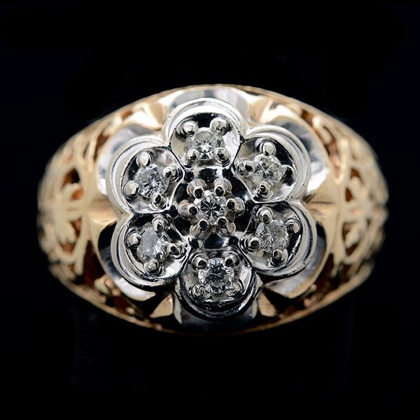 Diamond, 10k Yellow Gold Ring.: Diamond, 10k Yellow Gold Ring. Featuring seven full-cut diamonds weighing a total of approximately 0.35 cttw., set in a 10k yellow gold mounting. {Size 7 1/2, Gross Weight: 4.9 dwts}