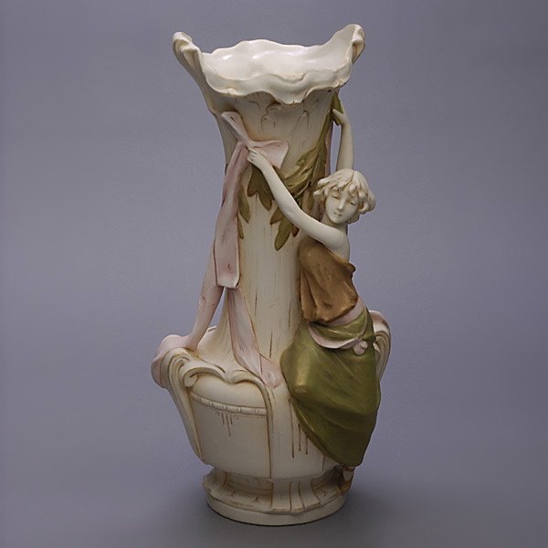 Art Nouveau Royal Dux Porcelain Vase: Art Nouveau Royal Dux Porcelain Vase with Applied Figure of a Young Lady {Height 17 1/2 inches}