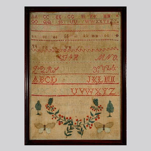 19th Century Pictorial Sampler, signed: Framed 19th Century Pictorial Sampler, signed Elizabeth O'Neil {Dimensions of frame 23 x 17 inches}