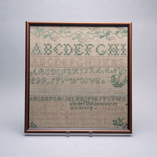 Framed Early American Sampler: Early American Alphabet Sampler, Circa 1830, mounted in a modern frame {Dimensions of frame 17 1/2 x 17 inches}