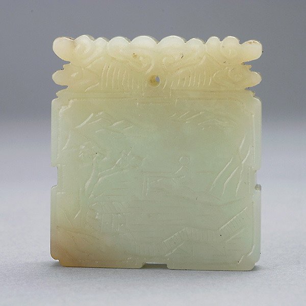 A Small Jade Pendant: A Small Jade Pendant, Of square form carved to one side with a figural landscape reversed by an inscription, all below a ruyi-head cloud border at the top. Height: 1 5/8 inches (4.1 cm) [Small nicks t