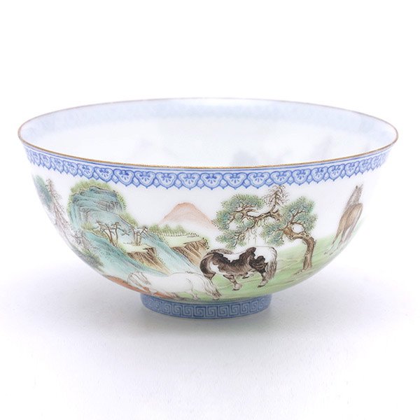 A Famille Rose Egg Shell Porcelain Bowl, 20th C.: A Famille Rose Eggshell Porcelain Bowl, Painted to the exterior with a continuous scene of horses out to pasture, the recessed base bearing a four-character reign mark. Qianlong Mark, 20th Century, Di
