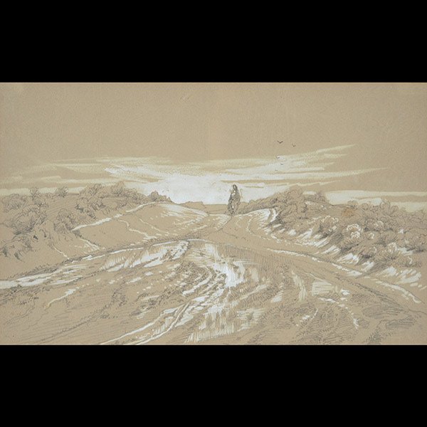 Attributed to PETER MORAN "Indian Woman" Drawing: Attributed to PETER MORAN "Indian Woman by Spring" Pencil and gouache on paper. Sight: 7 1/2 x 12 1/2. Frame: 18 x 23 inches. CONDITION: Good condition - not inspected out of frame. NOTES: Label verso