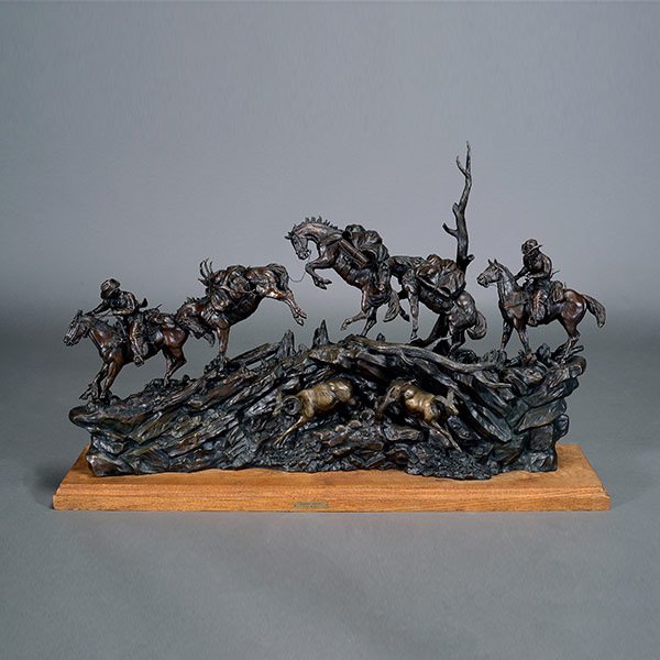 TERRY MURPHY "Sudden Storm" bronze group: TERRY MURPHY "Sudden Storm" Bronze group. 38 1/2 inches wide, 20 inches tall, 6 inches deep. Wooden stand: 40 x 9 1/2 inches. Signed, dated and numbered on back "88" and "12/24".