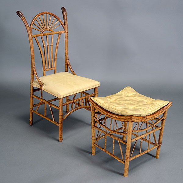 Edwardian Bamboo Chair and Ottoman,: Edwardian Bamboo Chair and Ottoman, fitted with silk cushions {Dimensions of chair 36 1/2 x 19 x 16 1/2 inches}