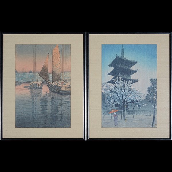Two Japanese Woodblock Prints: Two Japanese Woodblock Prints, a) Tsuchiya Koitsu (1870-1949): Sunset at Tomonotsu, oban, with two seals, framed and glazed; b) Anonymous: Temple, oban, with two seals, framed and glazed [In overall g
