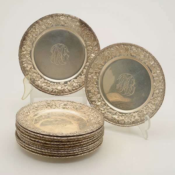 Twelve S. Kirk Sterling Bread Plates: Twelve S. Kirk & Son Sterling Bread Plates {Total silver weight 45 troy oz; diameter 6 inches}