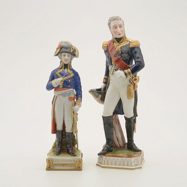 Pair of German Porcelain Military Figures: Pair of German Porcelain Military Figures: One "Augereau" with Capodimonte mark {height 11 1/4 inches}, the other "Kellermann" with Sitzendorf mark [missing implement to Capodimonte figure]