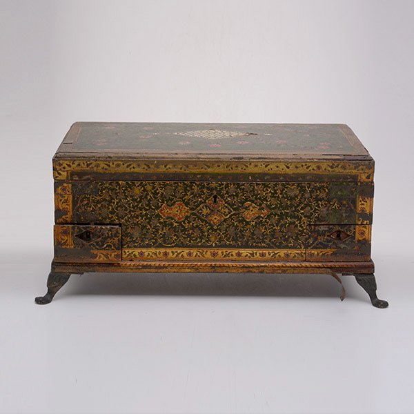 Persian Painted and Inlaid Lap Desk: Persian Painted and Inlaid Lap Desk {Dimensions 7 7/8 x 18 1/4 x 11 1/2 inches} [overall losses and wear] [key and one escutcheon separate]