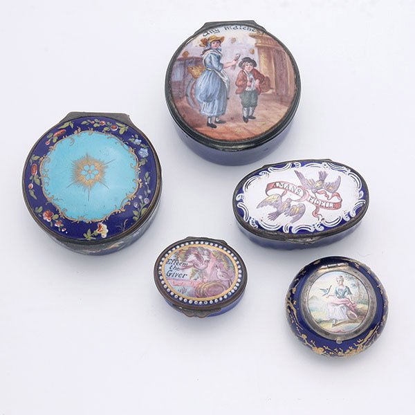 Five Continental Enameled Pill or Snuff Boxes:: Five Continental Enameled Pill or Snuff Boxes: Including one Viennese enameled box, a Battersea "Esteem The Giver", and three others {Largest diameter 2 1/4 inches}