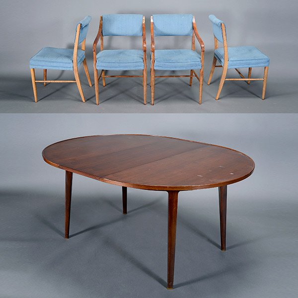 Edward Wormley Dunbar Table with Large Dunbar Label.: Edward Wormley Dunbar Table with Large Dunbar Label. Two arm chairs, two side chairs. Two twelve inch leaves. Diameter 48 inches