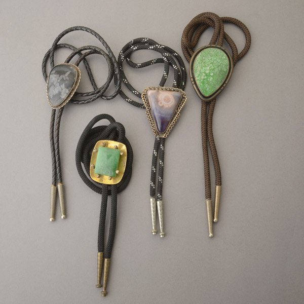 Four Multi-Stone Silver Bolo Ties.: Four Multi-Stone Silver Bolo Ties. 4 bollo ties; two with agates and two with green stone.