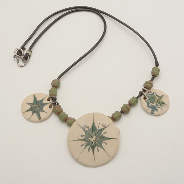 Edith Heath Designed Neckless From Her Estate.: Edith Heath Designed Neckless From Her Estate. Sterling clasp with ceramic medallions and beads, signed on back. c.1960.