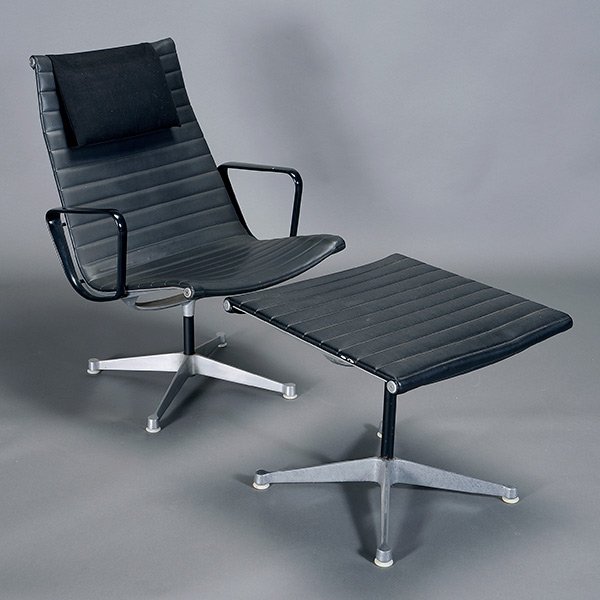Charles Eames Early Aluminum and Leather Lounge Chair: Charles Eames' Early Aluminum and Vinyl Lounge Chair and Ottoman. With original pillow estate of Don Emmons. Height of back 35 1/5 inches, width 25 inches, depth 24 inches.