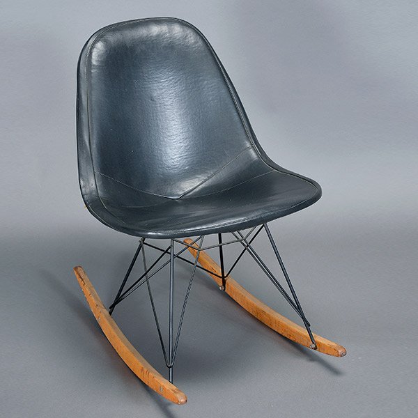 Eames Upholstered Seat Over Basket Rocker.: Eames Upholstered Seat Over Basket Rocker. Early example with slightly rounded rockers. Zenith plastic shell, one of 5000. Venice, CA.