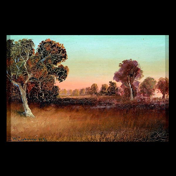 EDWARD WILSON CURRIER "California Sunset" Oil on cigar: EDWARD WILSON CURRIER (Californian 1857-1918) "California Sunset" Oil on cigar box lid. Signed and dated l/l "1916".