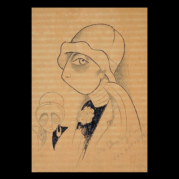 MIGUEL COVARRUBIAS Drawing: MIGUEL COVARRUBIAS (1904-1957) "Untitled - Two Faces" Pencil and ink on paper. Sight: 10 x 7 inches. Frame: 21 x 17 3/4 inches. Signed l/r. Dedicated in pencil "To Shirley Banks..." l/r.