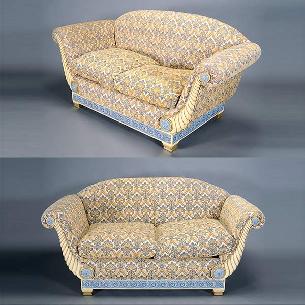 Pair of Italian Neoclassical Style Settees: Pair of Italian Neoclassical Style Settees, with fleur de lis fabric {Dimensions 37 x 74 1/2 x 30 inches} [Lacking back cushions]