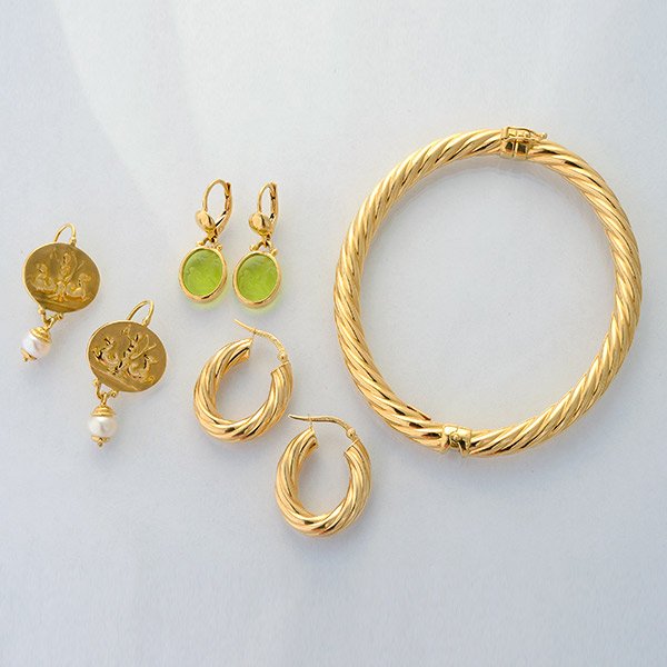 Collection of Four Jewelry Items.: Collection of Four Cultured Pearl, Glass Intaglio, 18k Gold Yellow Gold Jewelry Items. Including a oval twisted bangle measuring approximately 6 mm in width with an internal measurement of 57 mm compl