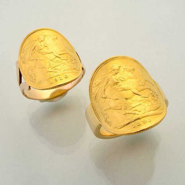 Collection of Two Gold Coin, 14k Yellow Gold Rings.: Collection of Two Gold Coin, 14k Yellow Gold Rings. Including one 1891 gold Sovereign coin, 14k yellow gold ring, size 8 together with one 1910 gold Sovereign coin, 14k yellow gold ring, size 6 3/4. {
