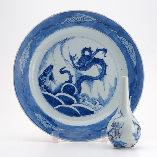 Two Blue and White Porcelains: Two Blue and White Porcelains, the first a small pear-shaped vase decorated with qilin, a six-character mark on the base; the second a plate depicting a dragon and carp, mark to the base {Height: 5 3/
