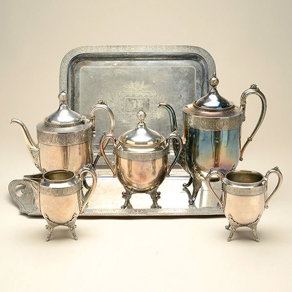 Reed & Barton Aesthetic Movement Silver Plated Tea: Reed & Barton Aesthetic Movement Silver Plated Five Piece Tea Service: Comprising hot water kettle {height 11 inches}, teapot {height 9 3/4 inches}, covered sugar, creamer and sugar; together with two
