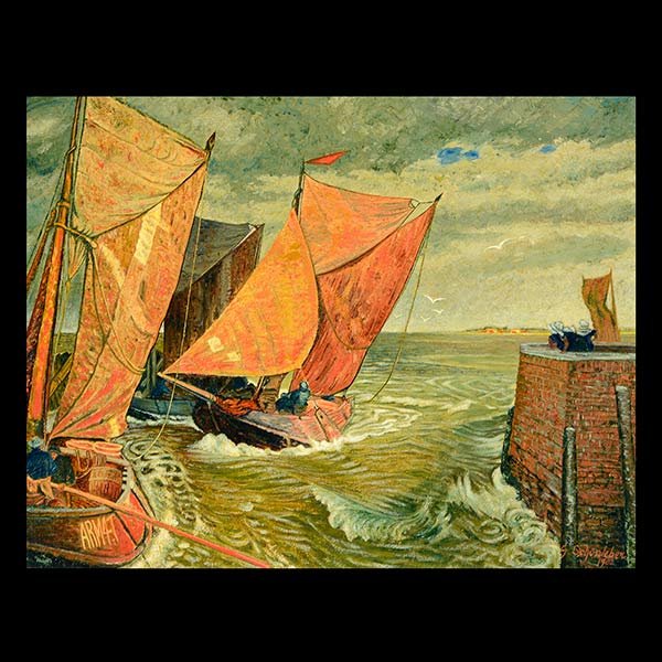 G SCHONLEBER "Seascape" Oil on Canvas: GUSTAV SCHONLEBER (German 1851 - 1917) Boats Heading out to Sea (ARM 47) Oil on canvas 14 3/4 x 19 5/8 inches / 37.5 x 49.5 cm Signed and dated lower right: G Schonleber 1902 (In very good condition, 