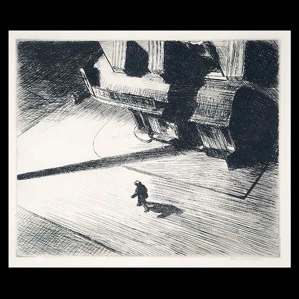 EDWARD HOPPER Night Shadows Etching on paper: EDWARD HOPPER American (1882 - 1962) Night Shadows ( From Corner Saloon ) 1921 Etching on paper, from edition of 500 Plate: 6.9 x 8.3 inches / 17.5 x 16 cm Signed lower right: Edward Hopper Provenance