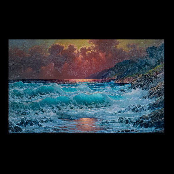 ALEXANDER DZIGURSKI II Massive Waves at Sunset: ALEXANDER DZIGURSKI II (Californian, born 1968) Sunset Along Big Sur Oil on canvas 50 x 84 inches / 127 x 213.4 cmFrame: 65 x 99 inches Signed lower right: DZIGURSKI II