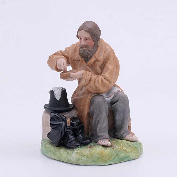 Gardner Figure of Peasant: Gardner Bisque Porcelain Figure of a Peasant. The old man sitting on the base of well, his hat and boots at his side, adding salt to a piece of bread, Imperial eagle, St. George slaying dragon factory