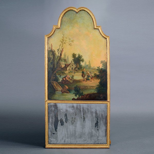 Louis XV Style Giltwood Trumeau Mirror: Louis XV Style Giltwood Trumeau Mirror. The cartouche form back plate centering a painted romantic rural landscape reserve, a old sprawling cottage in the background, the foreground with two women, on