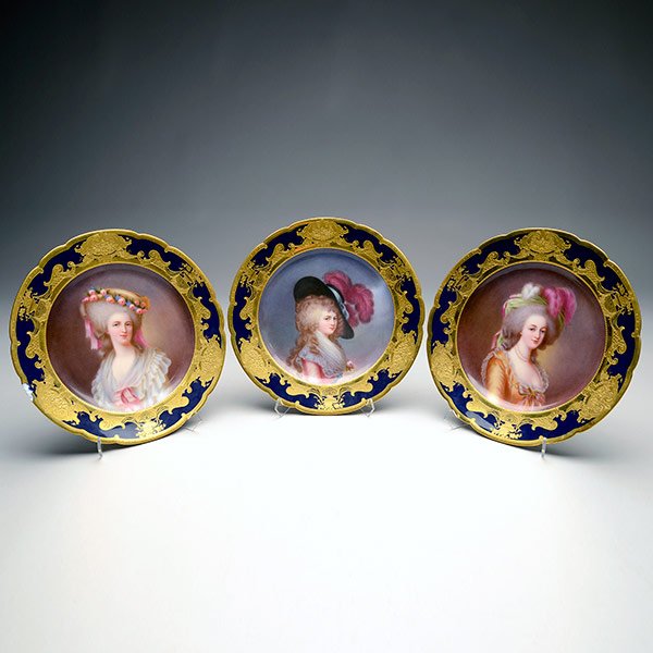 Three Dresden Porcelain Portrait Plates: Three Dresden Porcelain Portrait Plates. Each dish center painted with the half bust portrait of a titled famous historic lady including the "Princess de Lamball" with a pink rose garland; the "Duches