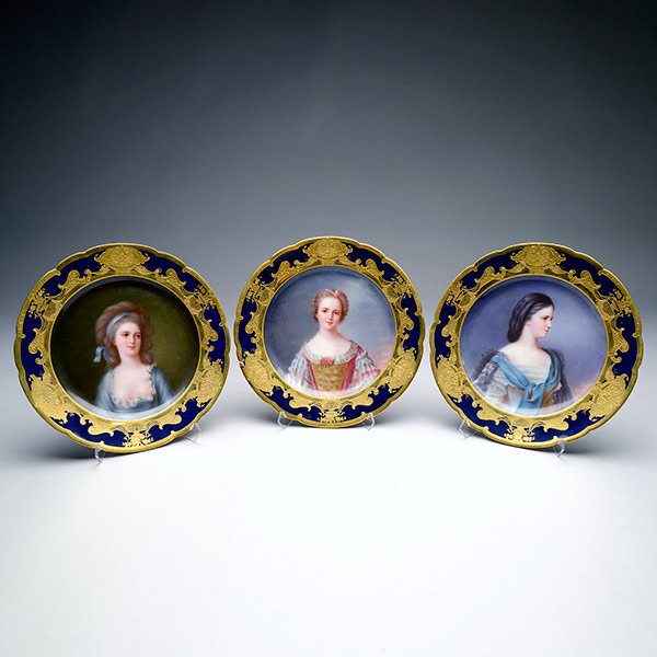 Three Dresden Porcelain Portrait Plates: Three Dresden Porcelain Portrait Plates. Each dish center painted with the half bust portrait of a titled historic lady including Louise de France; Grafin Potaoka; and the Kaiserin Elisabeth, each res