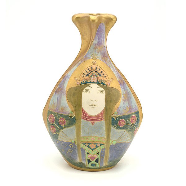 Amphora Turn Teplitz Vase: Austrian Amphora Turn Teplitz Vase of Renaissance Princess. The vase fashioned as a bivalve seed pod, the front painted with a bust of regal gold haired beauty wearing a raised gilt and metallic crown