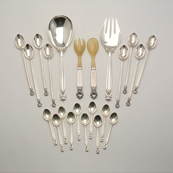Suite of Georg Jensen Acorn Sterling Flatware:: Assembled Suite of Georg Jensen Acorn Sterling Flatware. Comprising eight ice teaspoons {length 7 1/4 inches (18.4 cm)}; ten demitasse spoons; a pair of small salad servers with horn; and a pair of sa