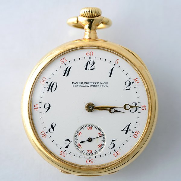 Patek Philippe Enamel, 18k Yellow Gold Pocket Watch.: Patek Philippe Enamel, 18k Yellow Gold Pocket Watch. DIAL: Round, white, black Arabic numeral hour markers, black outer minutes track, red Arabic numeral minutes, sunken subsidiary seconds dial at 6 o