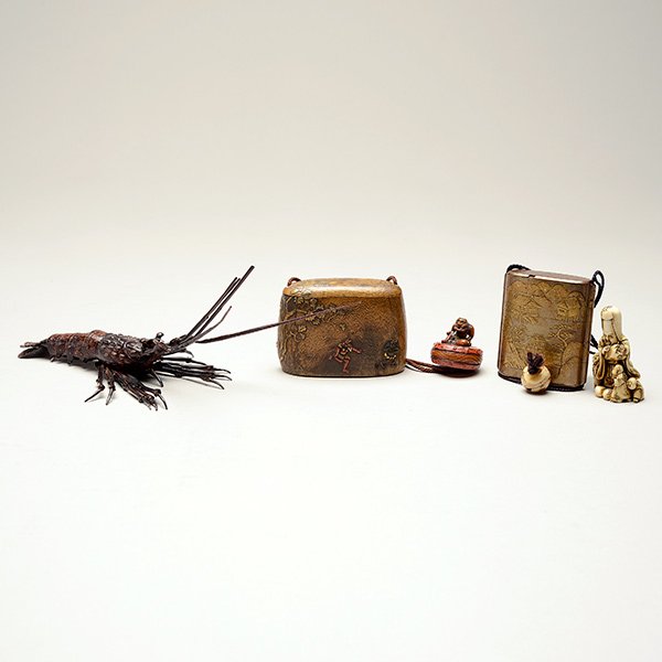 Two Lacquered Inro and a Copper Okimono, 19th/E 20th C.: Two Lacquered Inro with a Small Copper Articulated Okimono The first a four-case inro designed in gold to depict a busy mountainous landscape with buildings and trees, netsuke and ojime; the second a 
