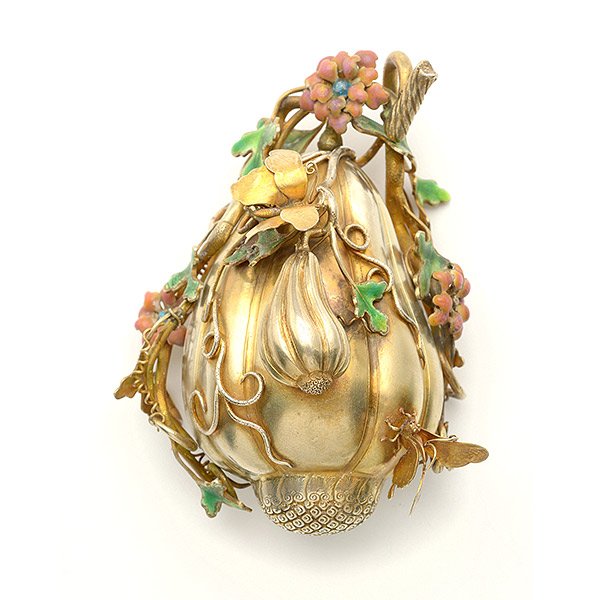 A Gilt-Silver Covered Box: A Gilt-Silver Covered Box The gourd-form container decorated with associated leaves, vines, flowers and fruits all issuing from one end of the cover and container, the leaves and flowers decorated wit