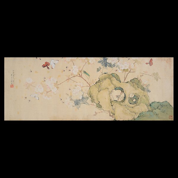 Ju Lian (1828-1904): Flower and Insects: Ju Lian (1828-1904): Flower and Insects Ink and color on silk, inscribed and signed 'Ju Lian,' one seal, framed and glazed. 39 3/4 x 14 inches (101 x 35.5 cm) excluding frame Provenance:Private Collec