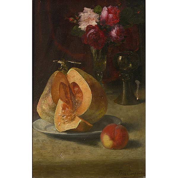 FELIX CARPENTIER Still Life with Melon Oil on canvas,: FELIX CARPENTIER (French 19th Century) "Still Life with Melon" 1890 Oil on canvas. 19 1/2 x 12 inches. Frame: 19 x 21 1/2 inches. Signed l/r and annotated verso. CONDITION: Tears and surface soiling.