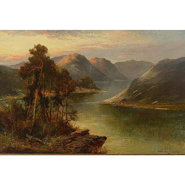 WILLIAM LANGLEY English Landscape, Oil on canvas: WILLIAM LANGLEY (English fl. 1880 - 1920) "Lake District at Sunset" Oil on canvas. 20 x 30 inches. Frame: 25 x 35 inches. Signed l/r. CONDITION: Canvas relined.
